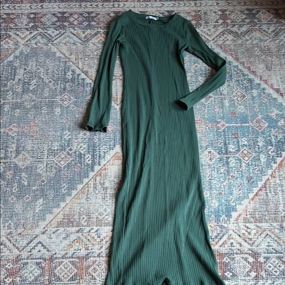 chinese dress ladies Elegant Green Collared Ribbed Bell Sleeve Maxi Dress with Buttons M